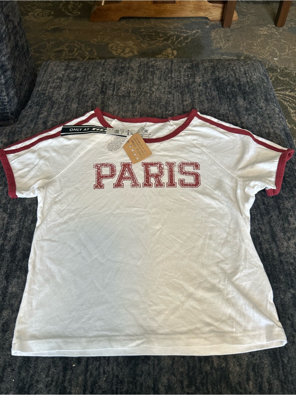 Five Star White Tee with Red 'PARIS' Graphic and Red Trim
